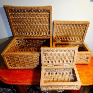 Vintage Rattan Wicker Hinged Nesting Storage Baskets set of 3